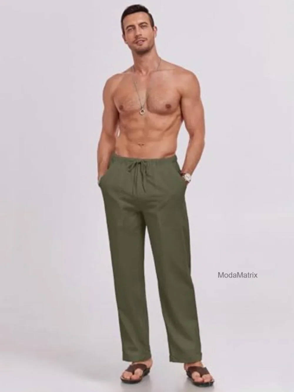 Men's Linen Pants Elastic Waist Drawstring Loose Fit Casual Summer Beach Pants
